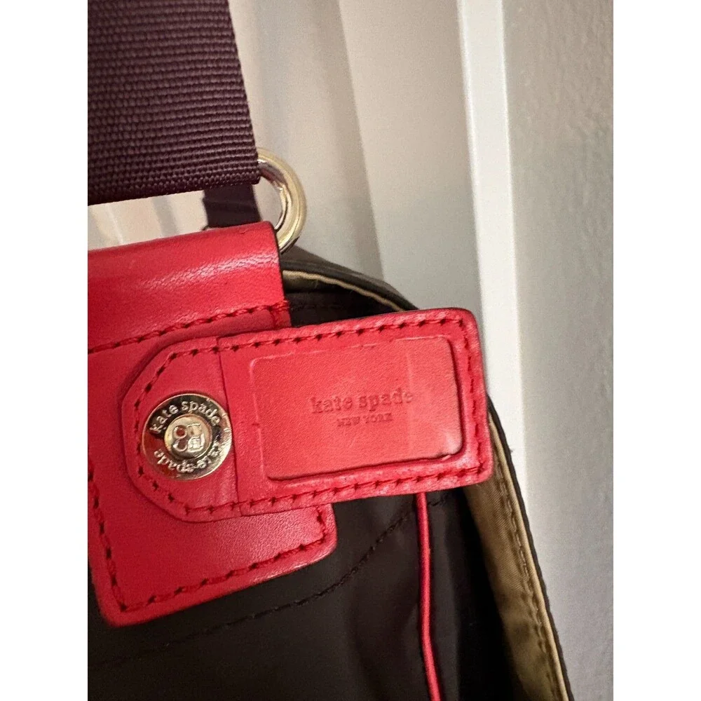 Kate Spade New York brown + red nylon + leather Baby Bag Tote messenger workbag